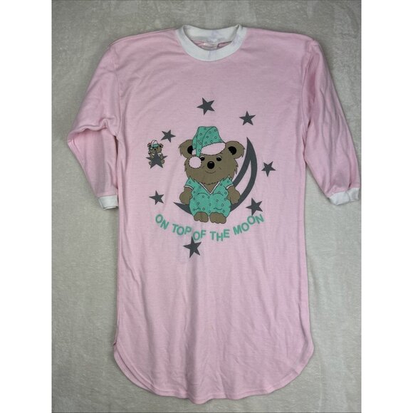 Vintage 80s/90s Girls Sleep Shirt Size 7-8 Bear Moon Pink Long - Picture 1 of 8